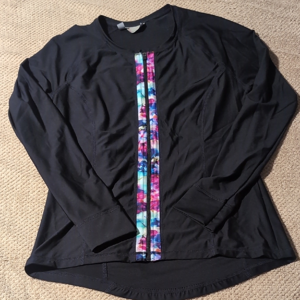Athleta Black Top with Vibrant Multicolor Detail